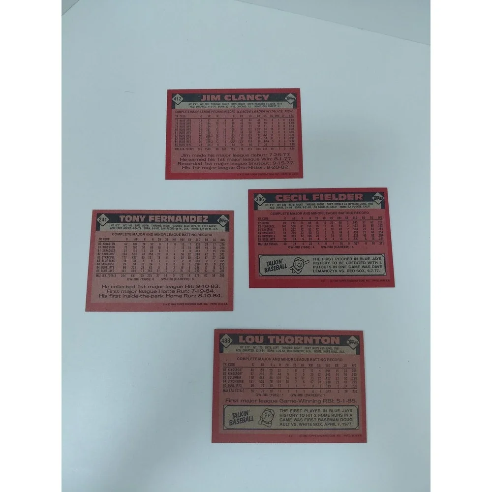 1986 Topps Toronto Blue Jays Baseball Card Lot Clancy Fielder Fernandez Thornton